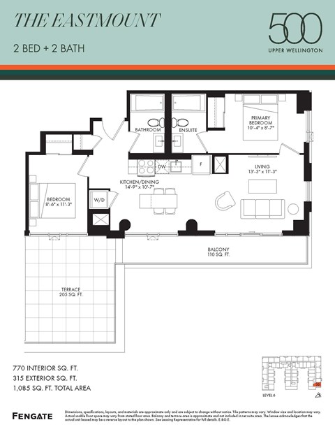 Floor plan for 2 beds, 2 baths, 770 sqft